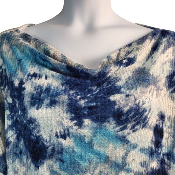 Three Bird Nest Medium Blue White Tie Dye Top Cowl Neck Waffle Knit USA MADE - Picture 9 of 14